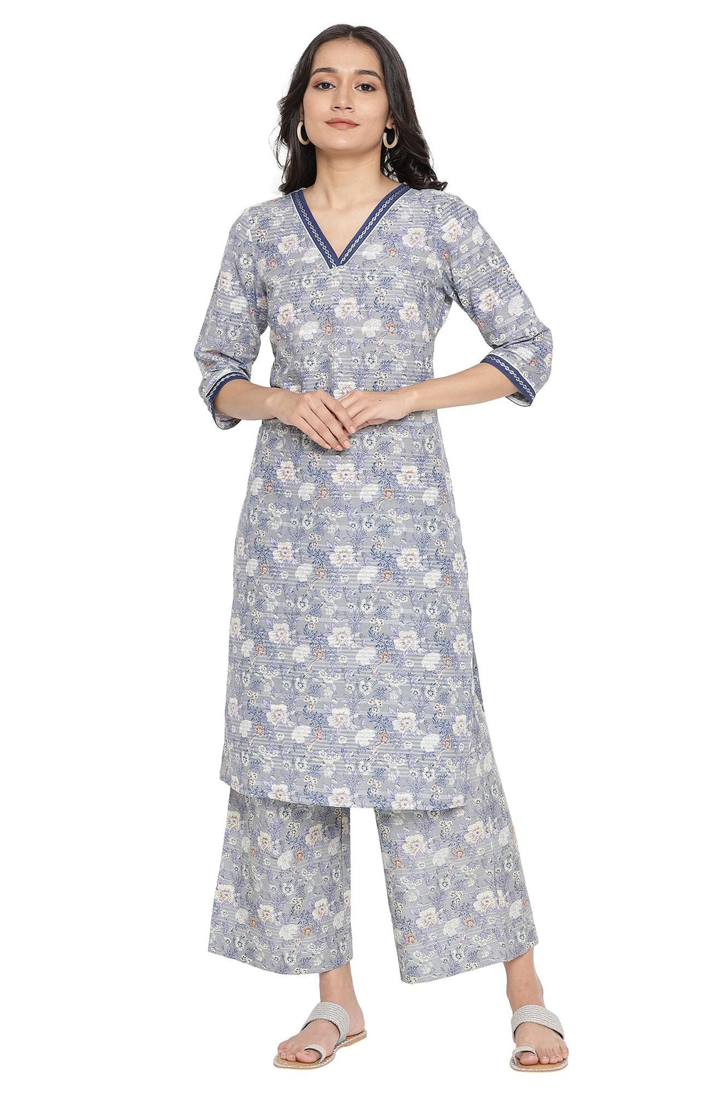 Aurelia Women'S Cotton Kurta & Palazzo (21Auas12302-503535_Stonewash_M)