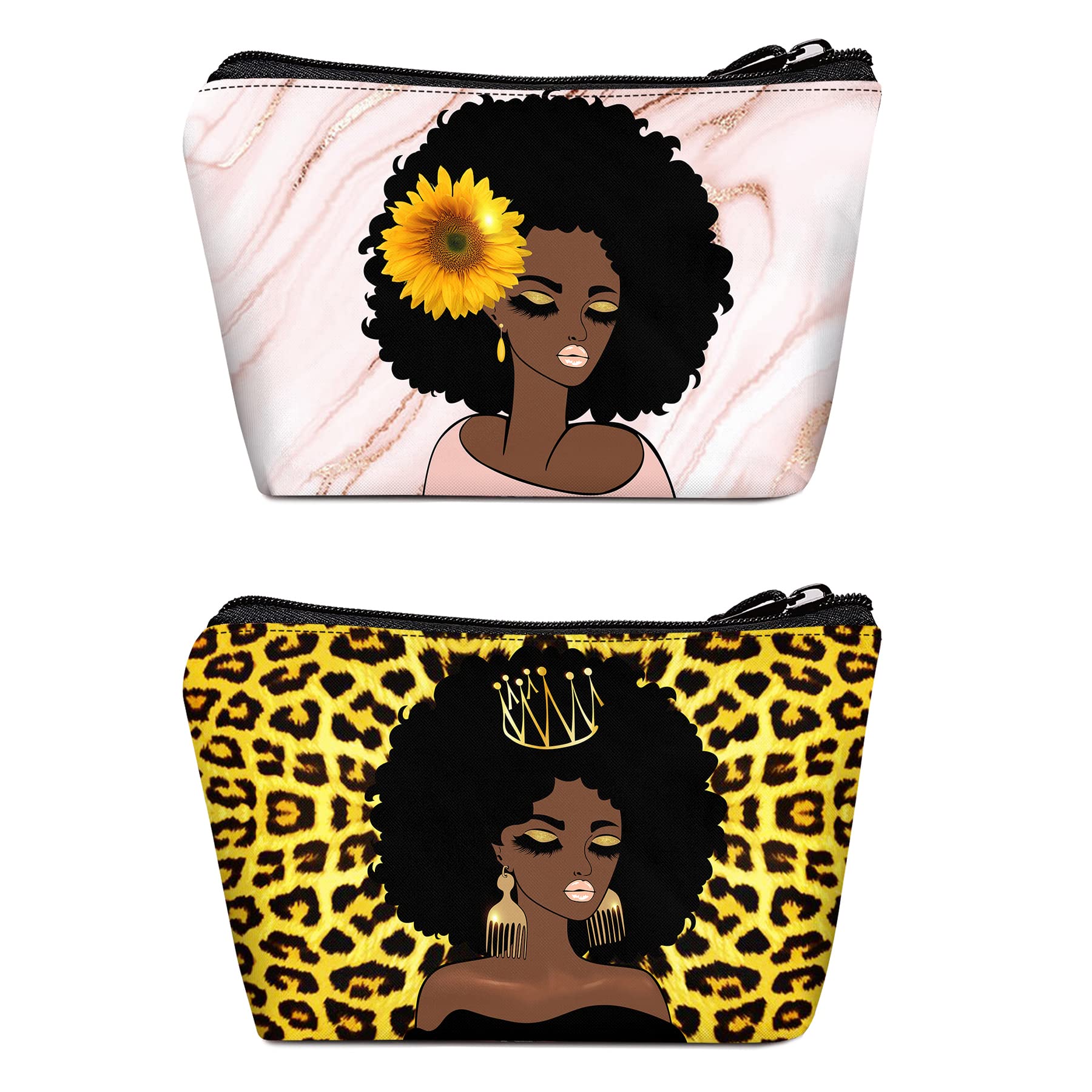 BDAWQUG 2 Pieces Makeup Bag Black Queen Lady Curly Natural Afro African American Ladies Travel Toiletry Bag Cosmetic Make up Org