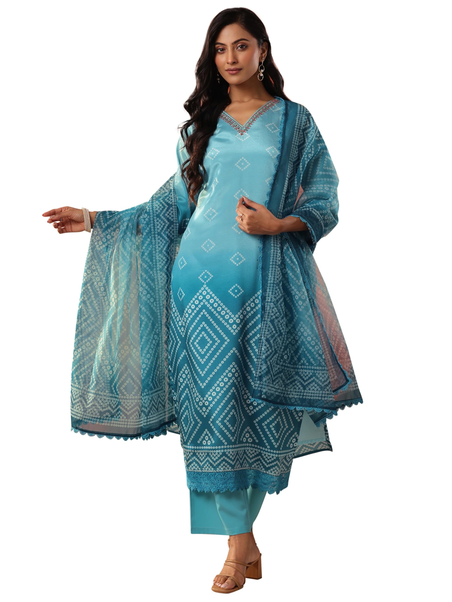 Libas Blue Printed Chinon Straight-fit Kurta set for Women (51396XL)