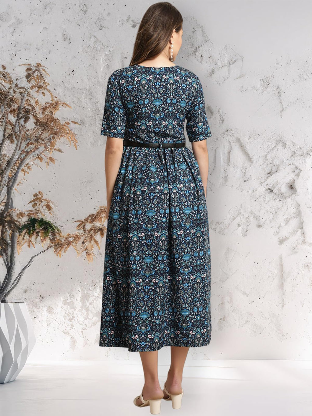 Preneum GirlsS Georgette Floral Printed 3/4 Slevees A-Line Fit & Flare Gown With Belt, Blue, S