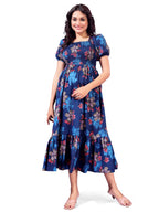 Kuduzo WomenS Cotton Maxi Dress With Half Puff Sleeves Square Neck Line Floral Pattern Maxi Length Regular Fit And Flare Blue