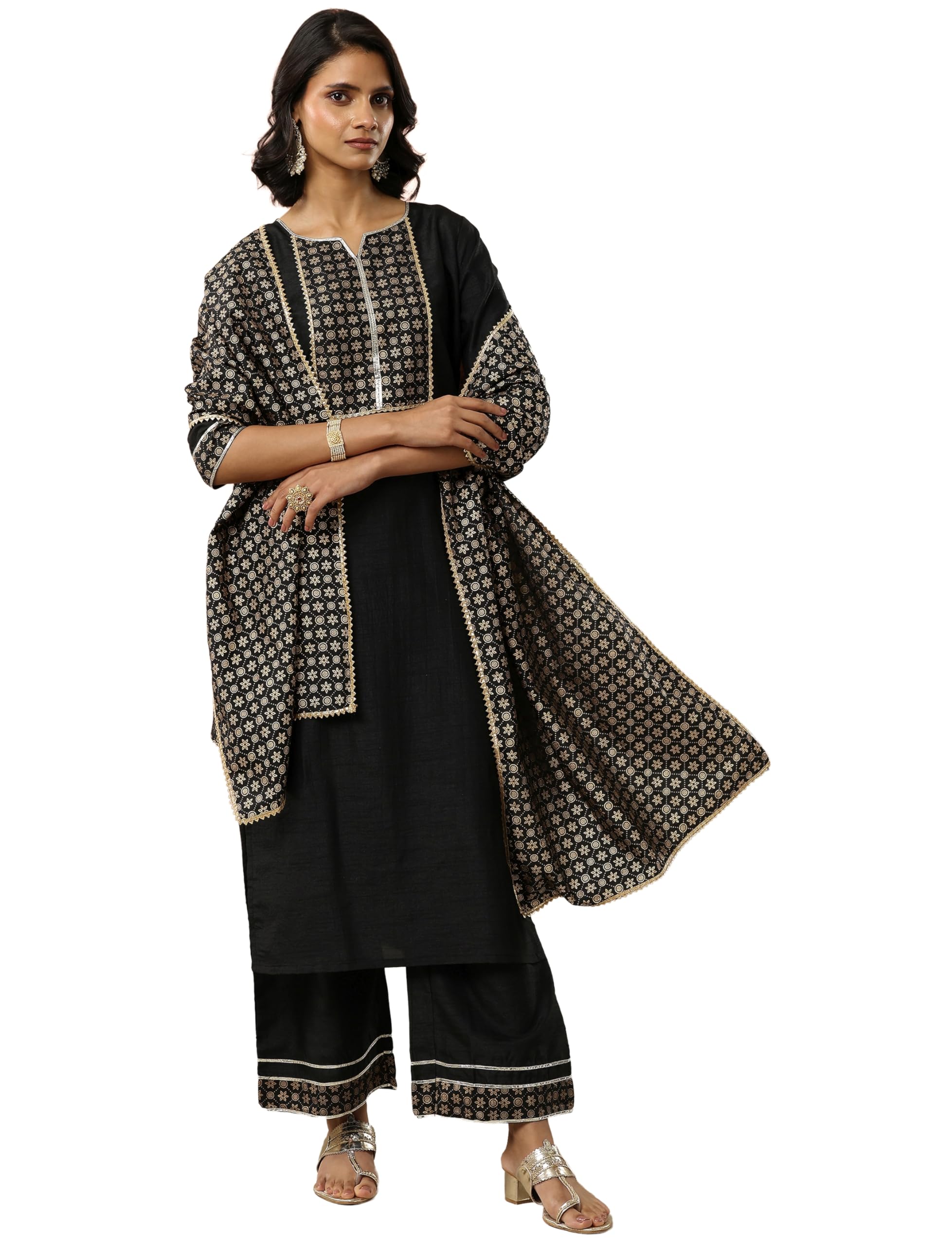 Gerua By Libas Printed Silk Straight Kurta With Palazzo and Dupatta