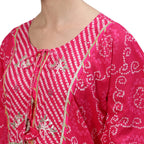 Ishin Women'S Cotton Blend Kaftan Embroidered Gotta Patti Bandhani Print Pink Kurta Suit Set With Trouser