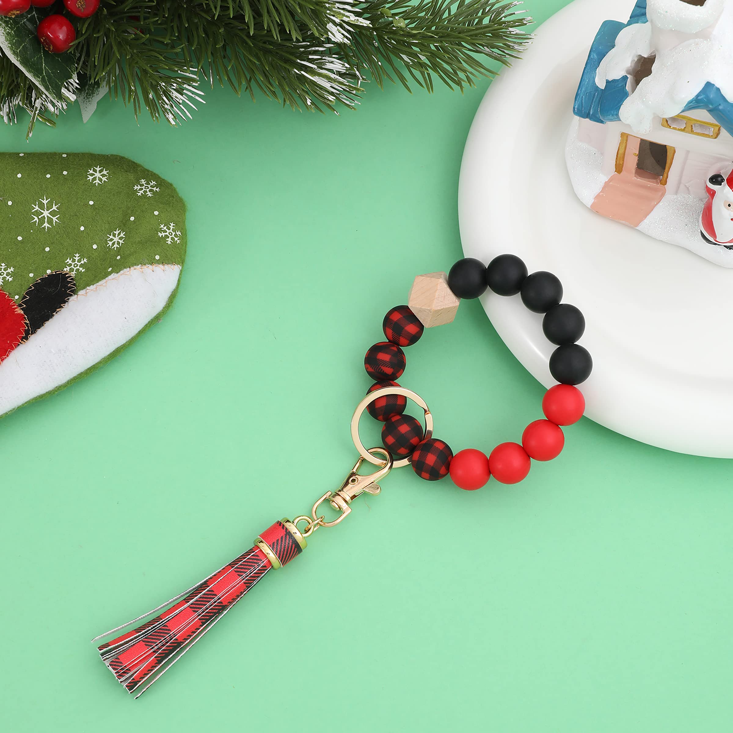 BAOSIWA Silicone Beaded Bracelet Keychain Red and Black Plaid Wristlet Key Ring Bangle Chains Christmas Gifts for Women Girls wi