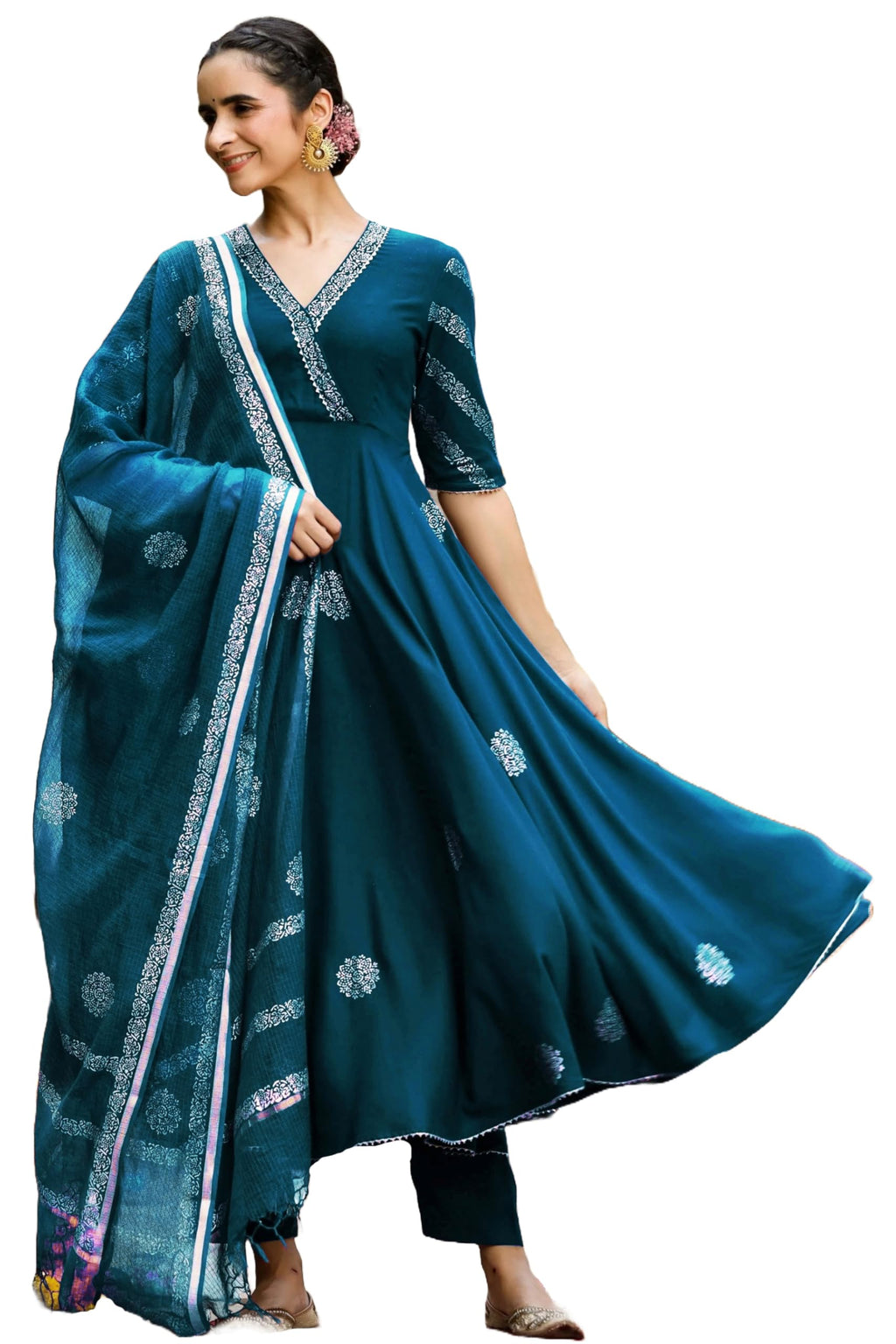 ANNI DESIGNER Anarkali Women s Rayon Blend Kurta with Trousers and Dupatta, dark blue, Small