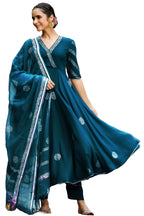 ANNI DESIGNER Anarkali Women s Rayon Blend Kurta with Trousers and Dupatta, dark blue, Small