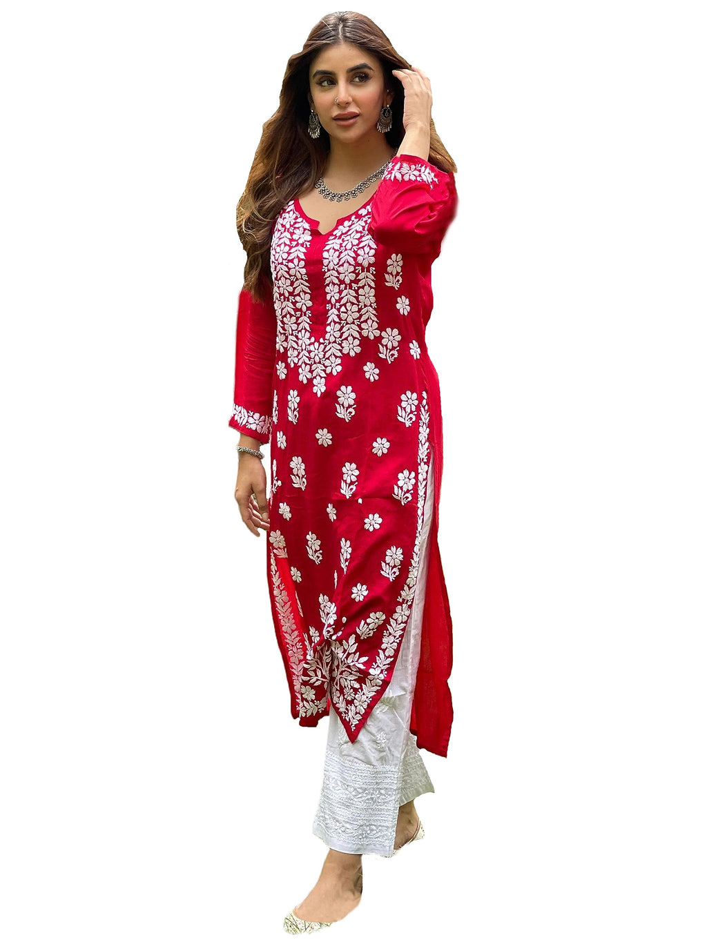 ANNI DESIGNER Womens Cotton Blend Straight Chikankari Embroidered Kurta (River RED_M_Red_Medium)