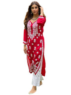 ANNI DESIGNER Womens Cotton Blend Straight Chikankari Embroidered Kurta (River RED_M_Red_Medium)