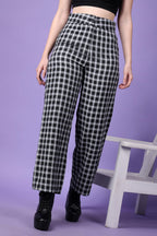 POPWINGS Casual Check Print Button and Zip Closure Trouser for Women | Western Wide-Leg Trouser for Women | Summer Trousers for