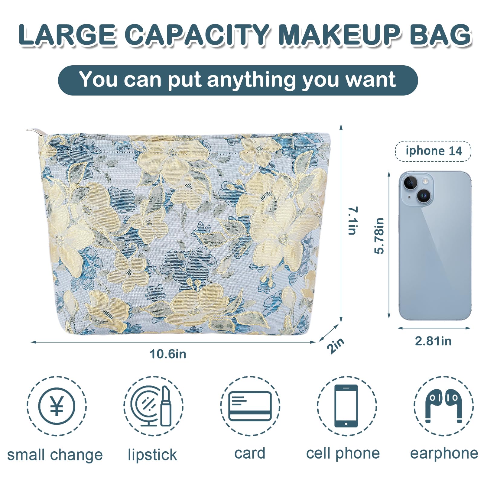 ZLFSRQ Flower Makeup Bag for Women Girls Travel Cute Floral Cosmetic Bags Large Cosmetic Pouch Purse with Zipper Portable Toilet