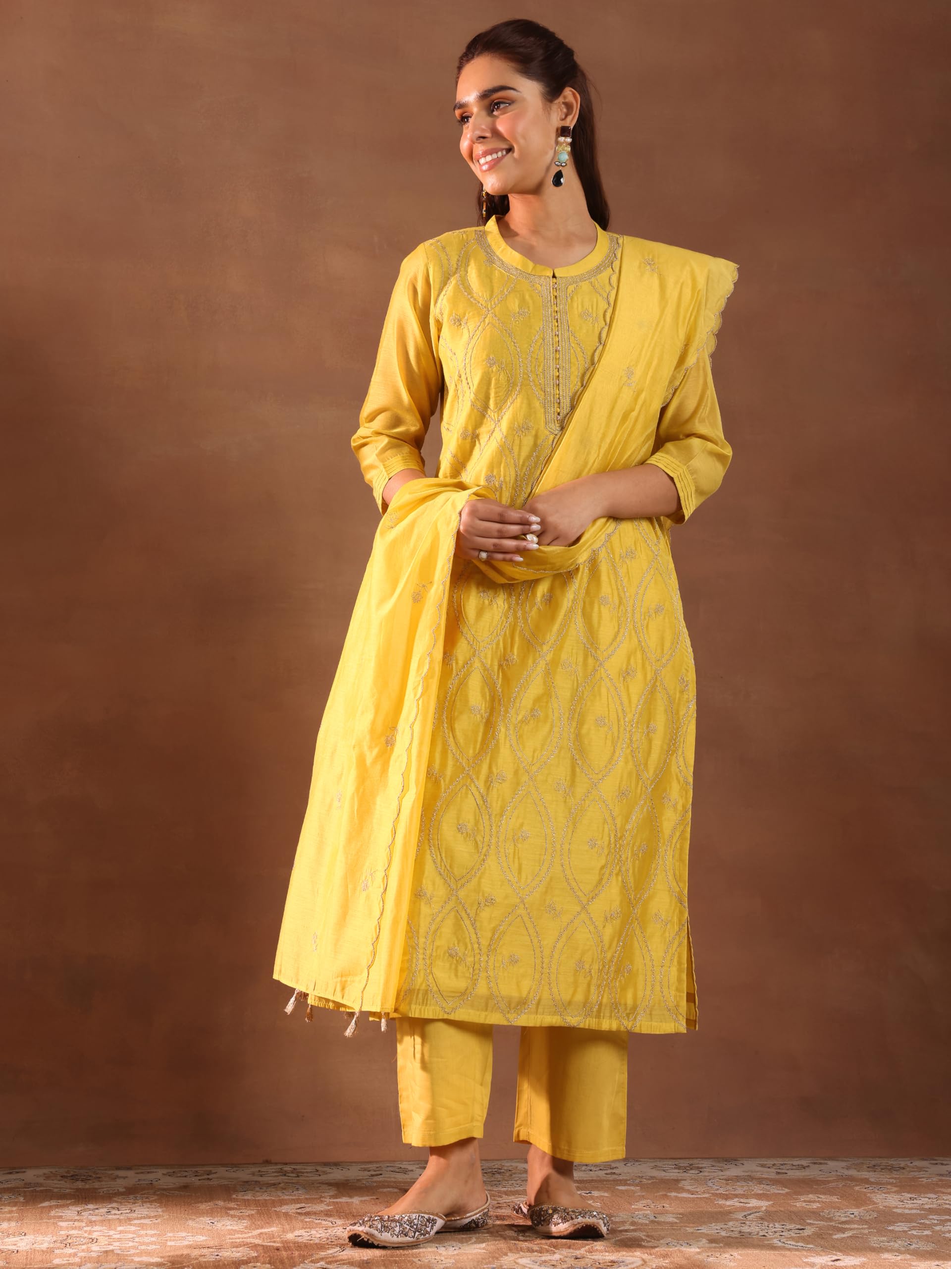Libas WomenS Chanderi Silk Embroidered Kurta Set (49469 Mustard