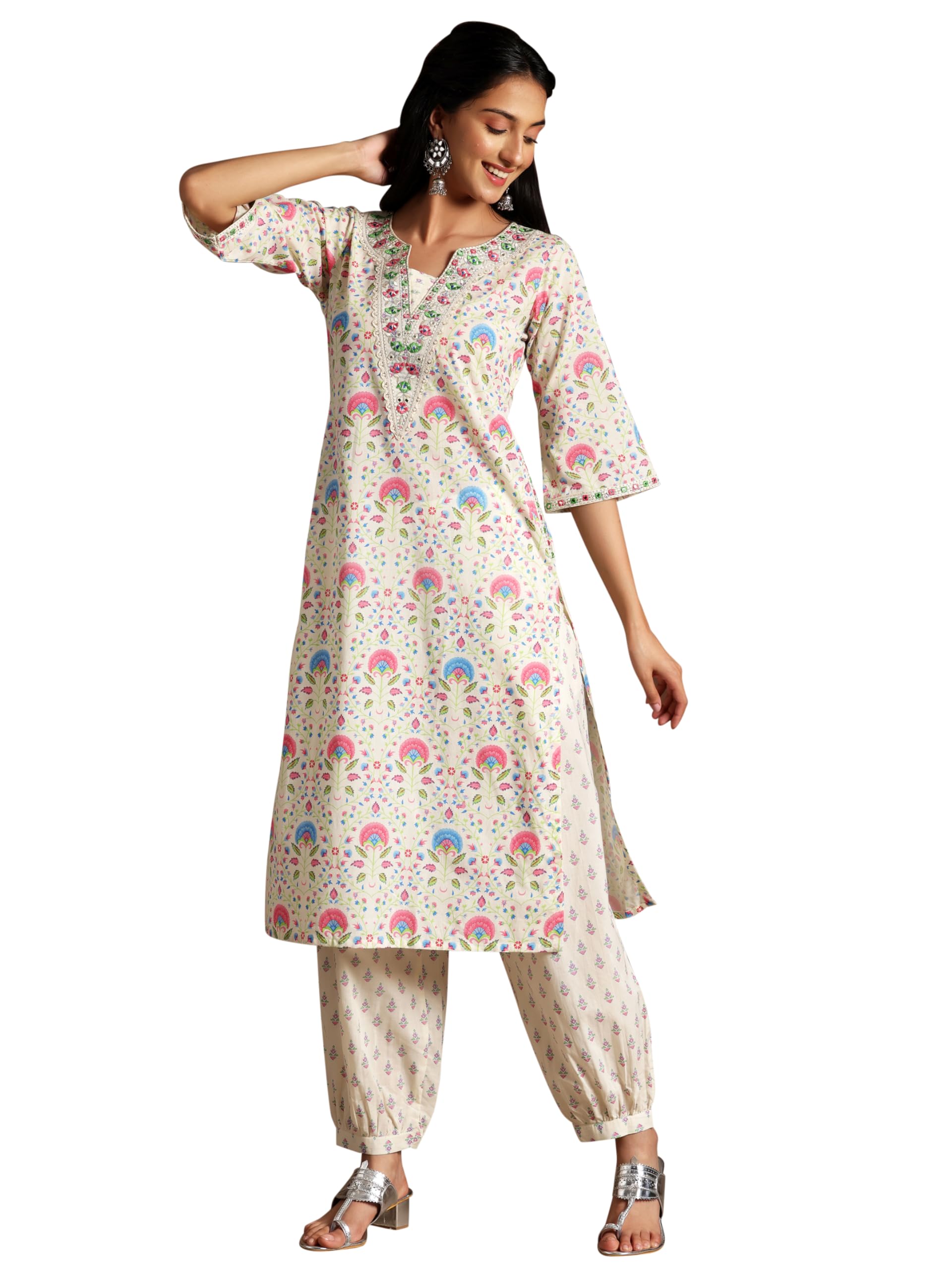 Libas Women Cotton Off White Printed Straight Kurta Set With Salwar, Xl