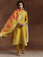 Libas Womens Woven Design Silk Blend Straight Kurta With Palazzos And Dupatta