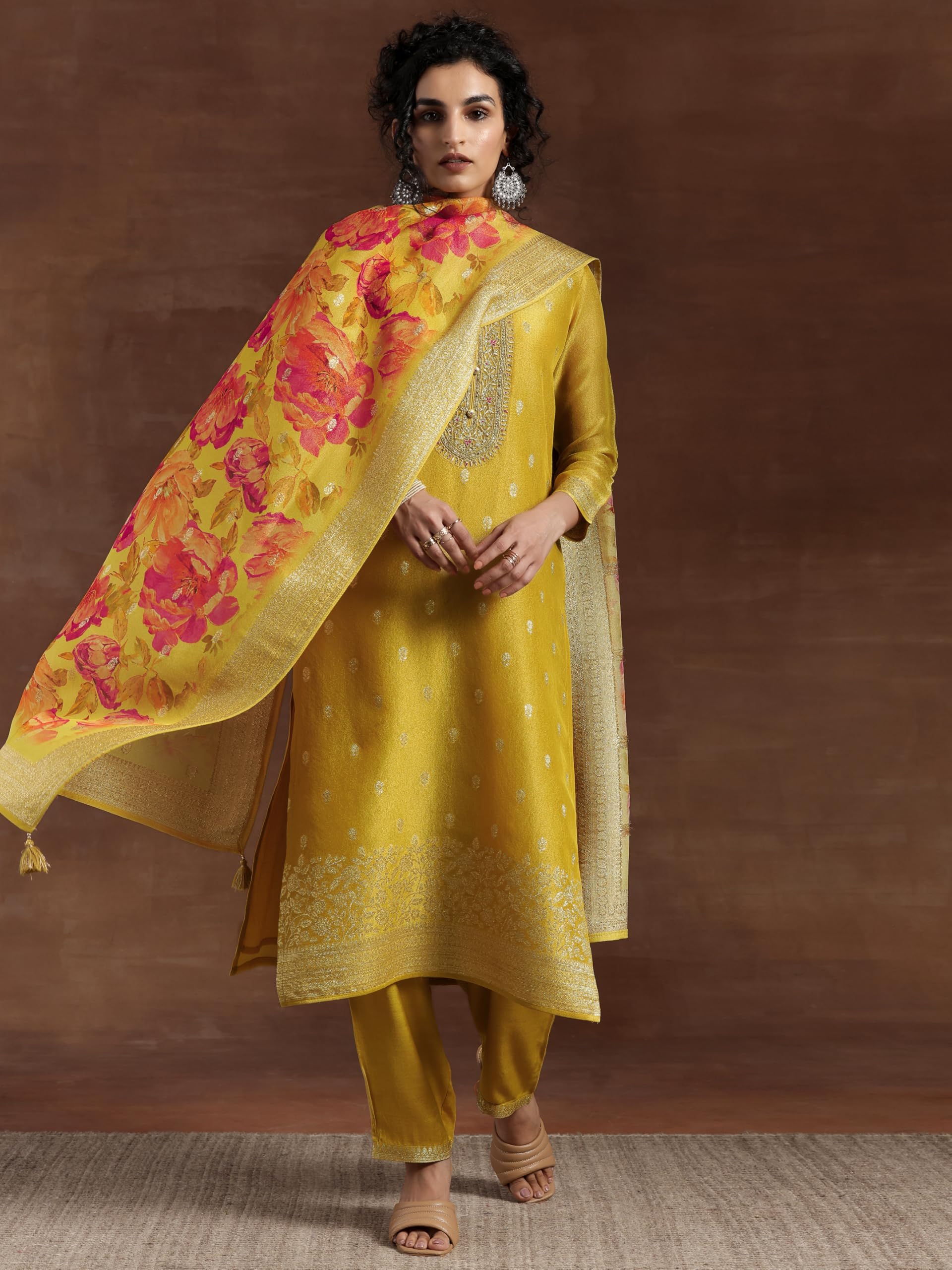 Libas Womens Woven Design Silk Blend Straight Kurta With Palazzos And Dupatta