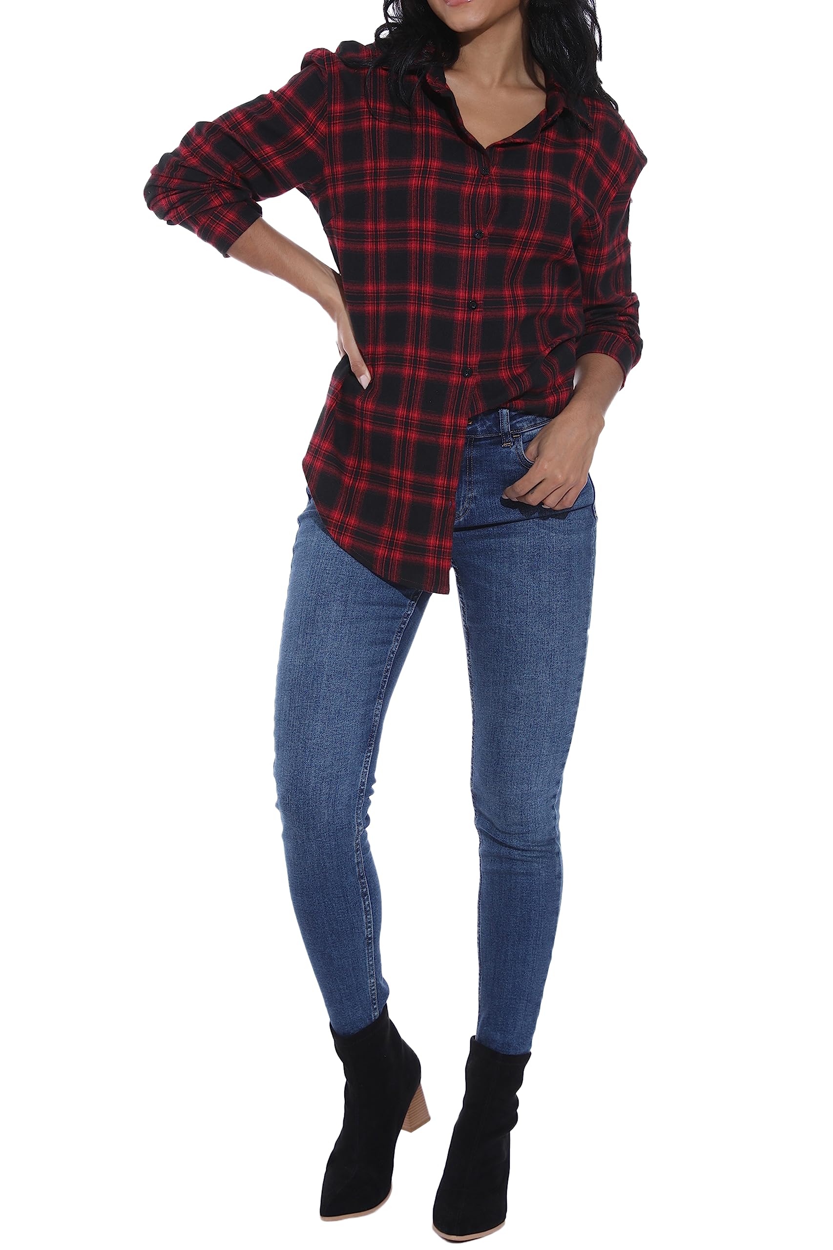 GUANYY Women's Classic Plaid Button Down Shirt - Loose Fit and Long Sleeves (Red Black Plaid, Large)