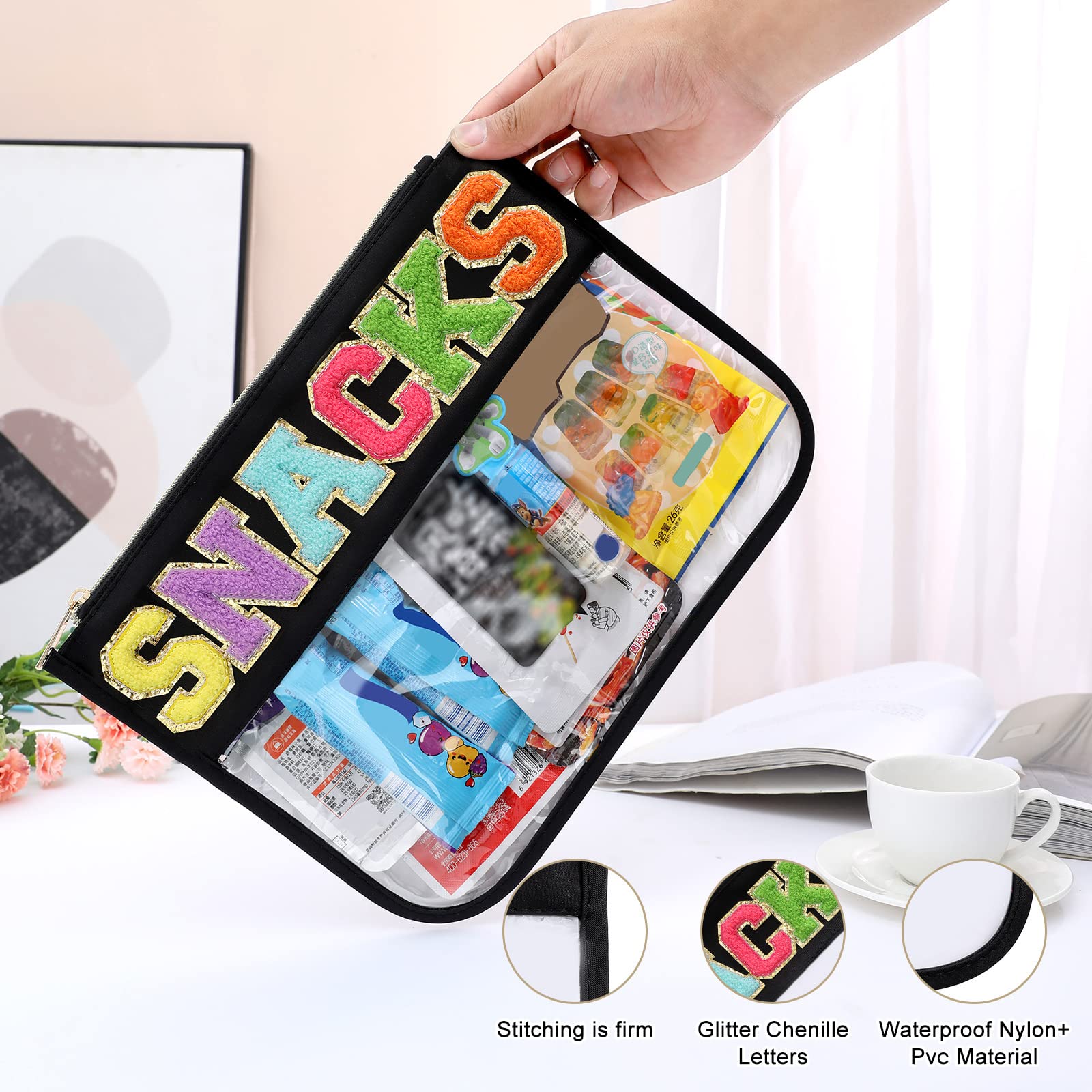 BCRMPT Chenille Letter Bag Clear Flat Pouch,Multi-purpose PVC&Nylon Clear Cosmetic Bags,Travel Makeup Bag With Zipper For Women,