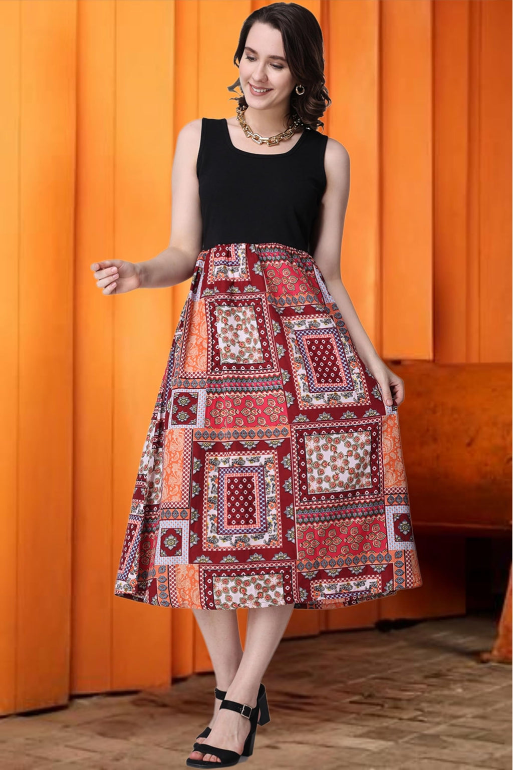 Popwings Casual Boho Printed And Solid Peplum Dress For Women || Summer Dresses For Women || Sleeveless Women Dresses || Round-N