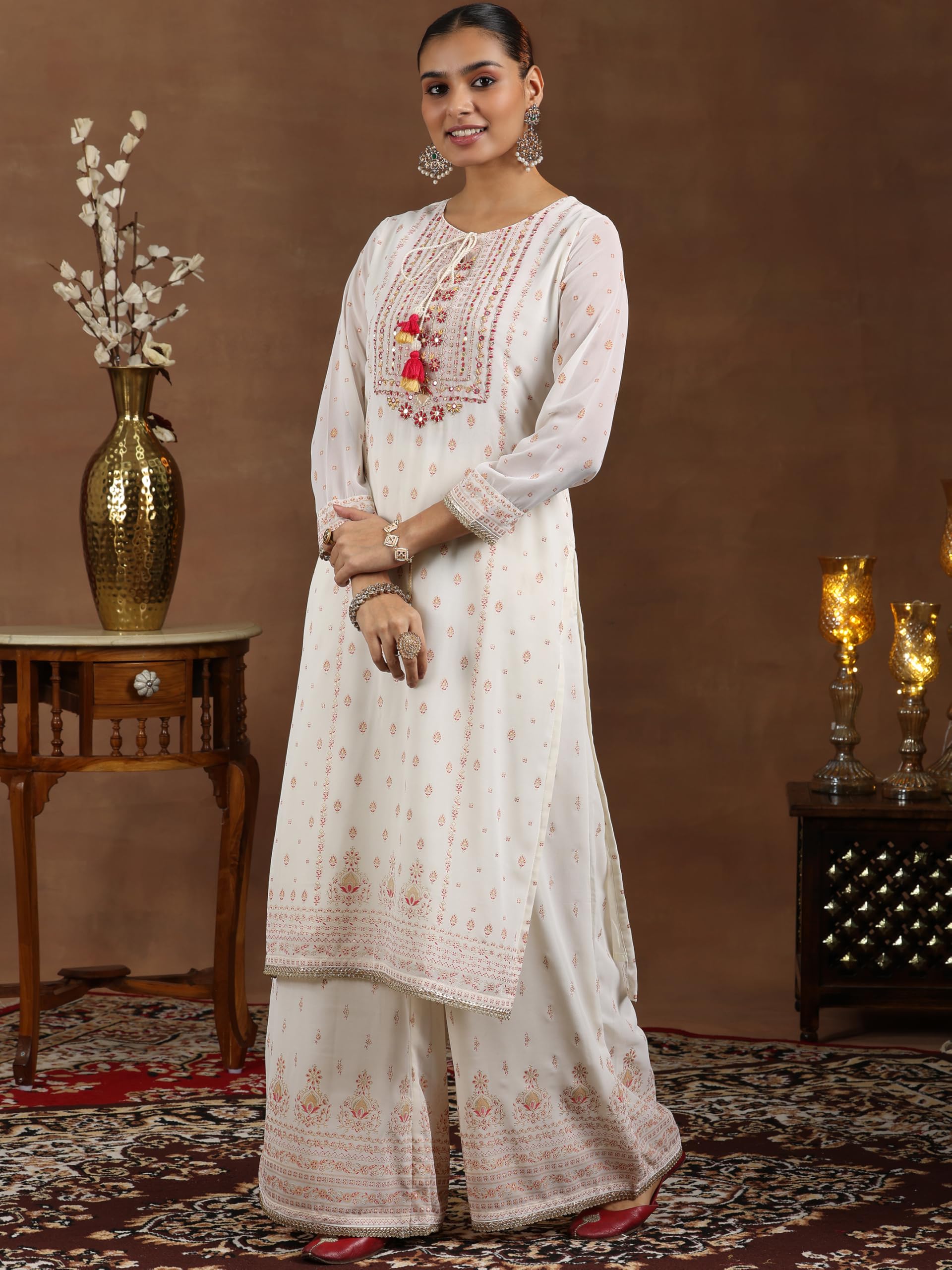 Libas Womens Printed Georgette Straight Kurta With Palazzos And Dupatta