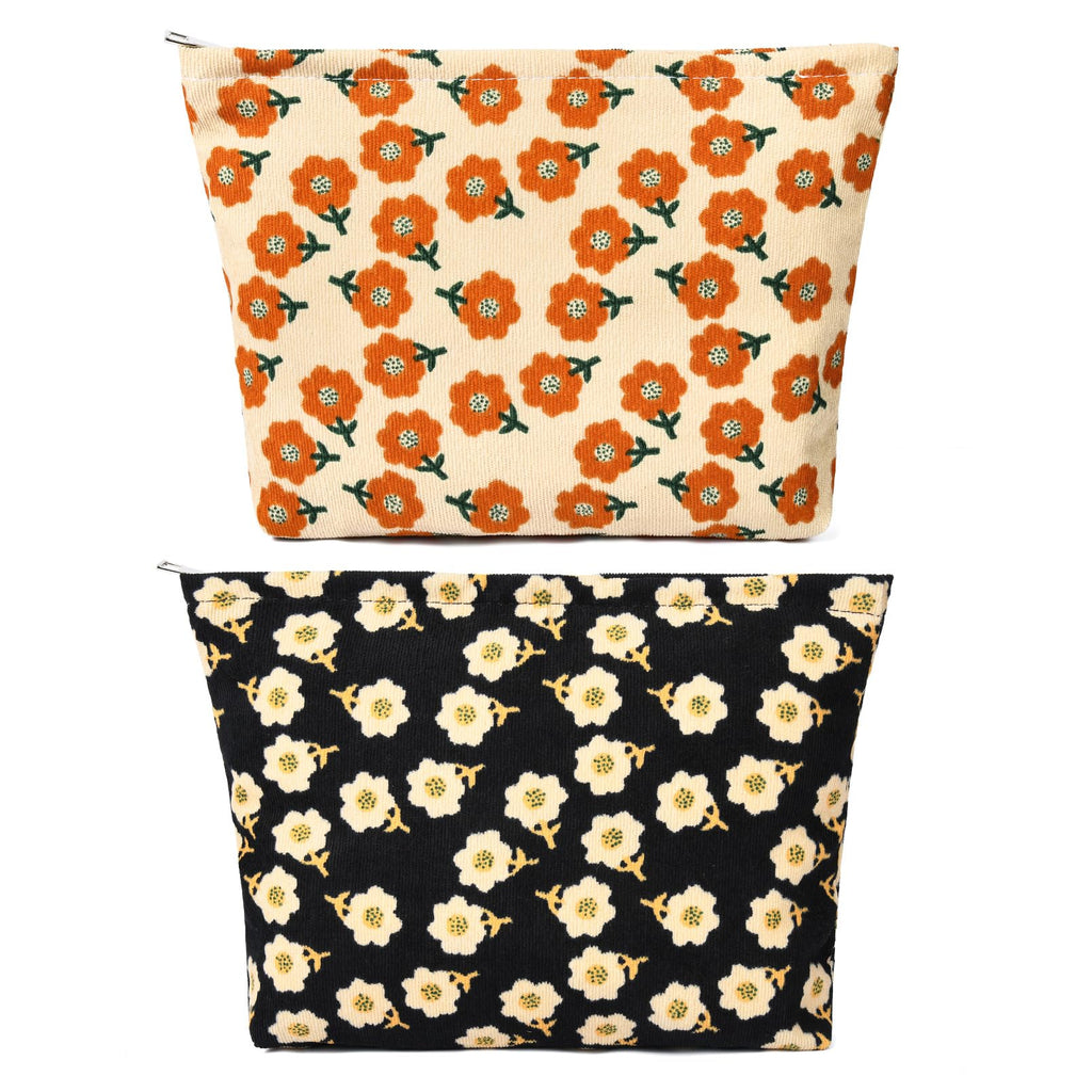 SOIDRAM 2 Pieces Flower Makeup Bag Large Corduroy Cosmetic Bag Capacity Canvas Travel Toiletry Bag Organizer Cute Makeup Brushes