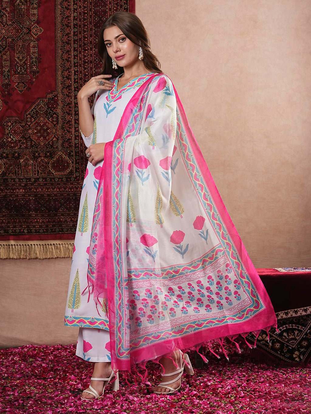 ANNI DESIGNER Women s Rayon Blend Printed Straight Kurta with Pants and Dupatta, white, 36