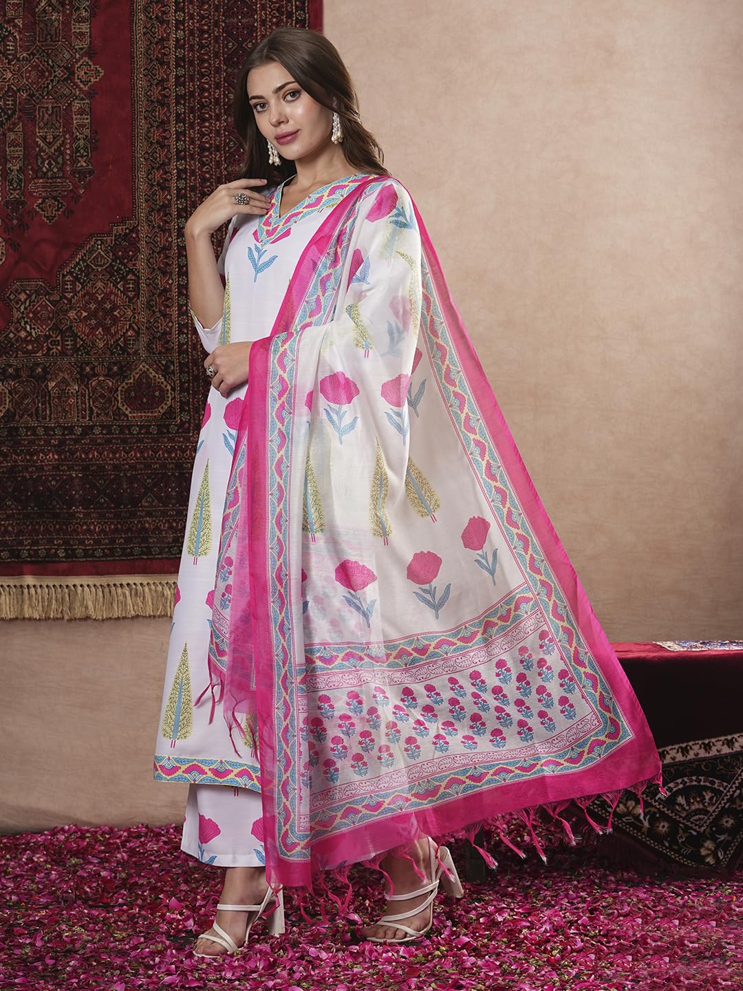 ANNI DESIGNER Women s Rayon Blend Printed Straight Kurta with Pants and Dupatta, white, 36
