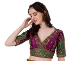 Pujia Mills Womens Heavy Embroidery Coding with Sequins Work Half Sleeves Fancy Readymade Saree Blouse(Rajwadi Wine_42)