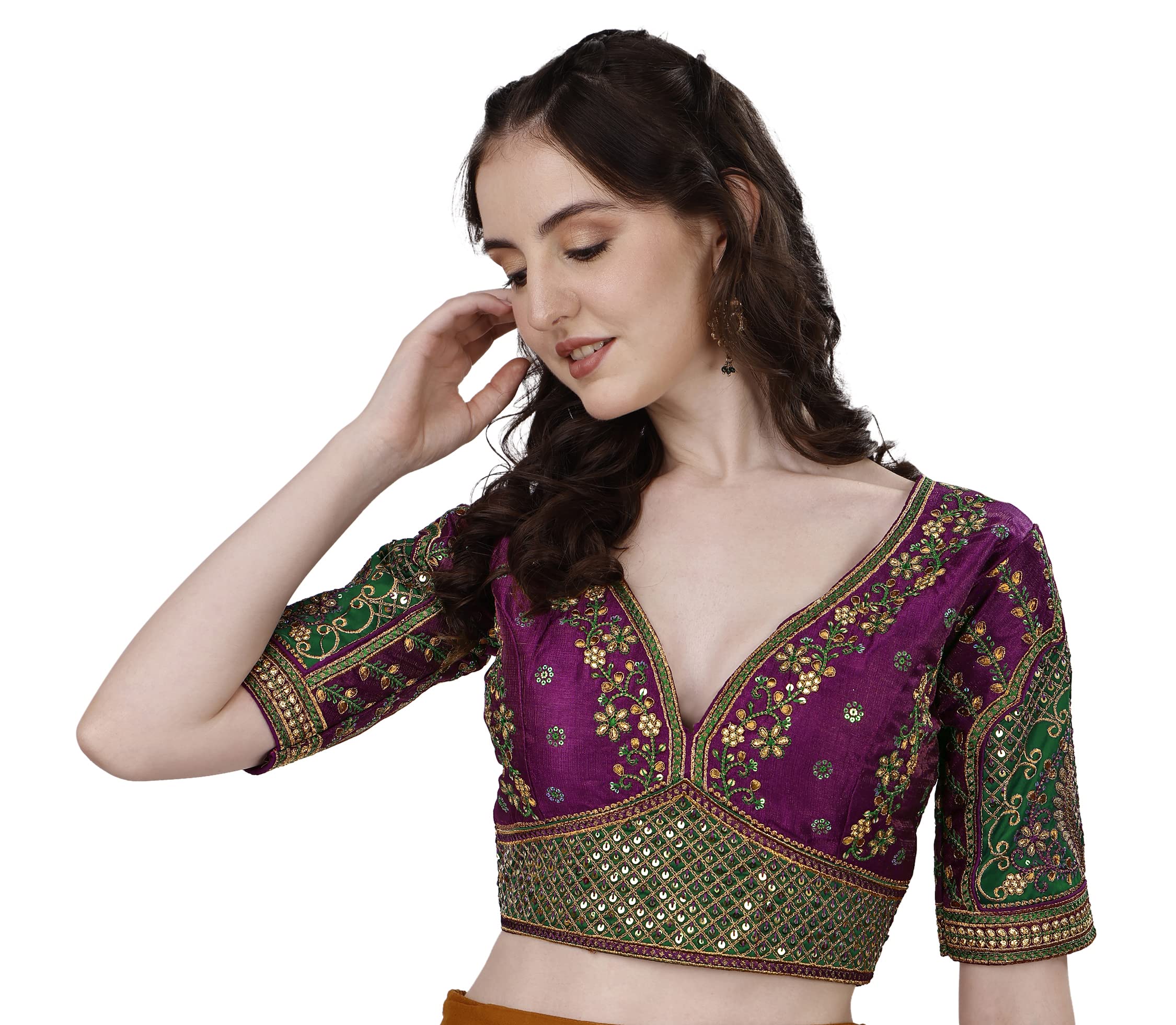 Pujia Mills Womens Heavy Embroidery Coding with Sequins Work Half Sleeves Fancy Readymade Saree Blouse(Rajwadi Wine_42)