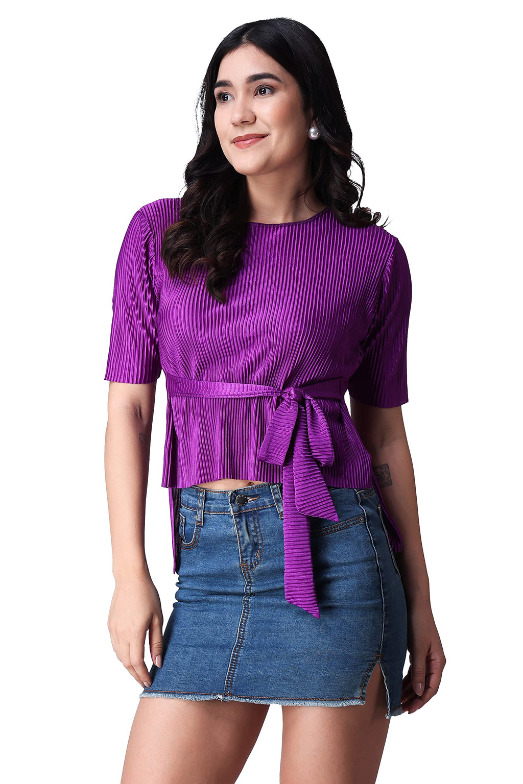 POPWINGS Casual Wrinkle Belt Top for Women || Round-Neck Stylish Summer Tops for Women || Half Sleeves Tops for Women Purple