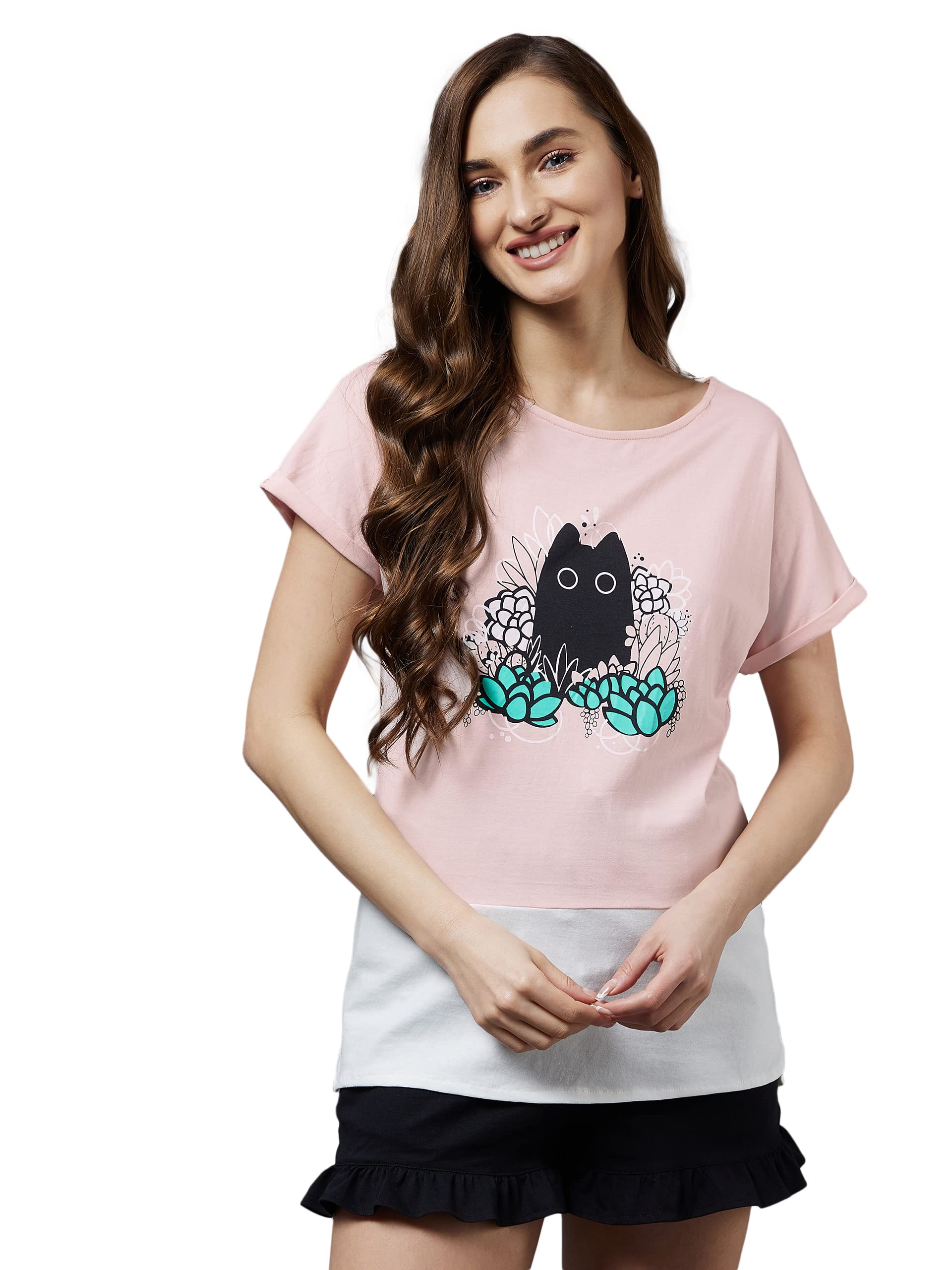 Miss Chase Womens Light Pink Round Neck Short Sleeve Solid Regular Length T-Shirt (MCSS21NW07-18-157-04, Light Pink, M)