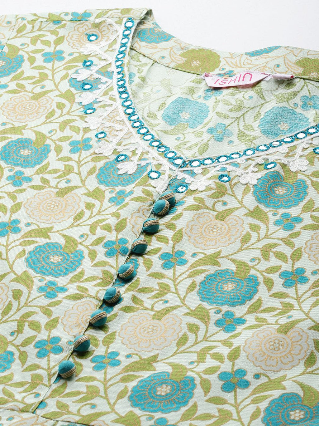 Ishin Women'S Viscose Rayon Floral Printed Green Anarkali Kurta Suit Set With Dupatta