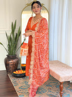 Naixa WomenS Orange Bsy Viscose Embroidered Straight Kurta With Bsy Viscose Pant And Silk Blend Embroidered Laced Dupatta Sets