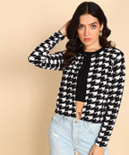 POPWINGS Women Casual Black & White Printed Open Shrug