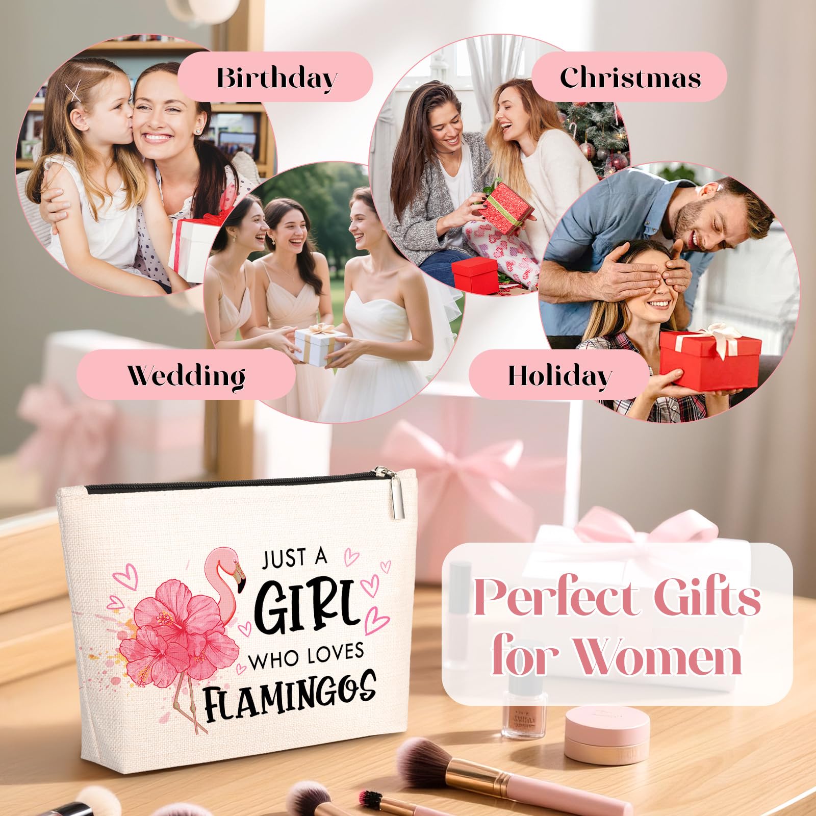 GevGuxLuo Flamingo Gifts for Flamingos Lovers, Flamingo Makeup Bag for Women with Mirror, Flamingos Birthday Gifts for Daughter