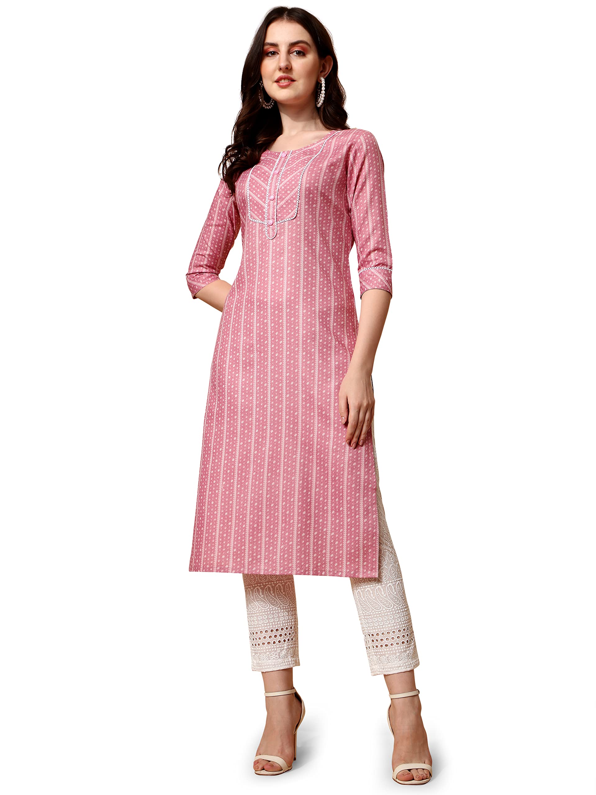 NAINVISH Womens Cotton Blend Straight Round Neck Printed Kurta (SD420_K-L_Pink)