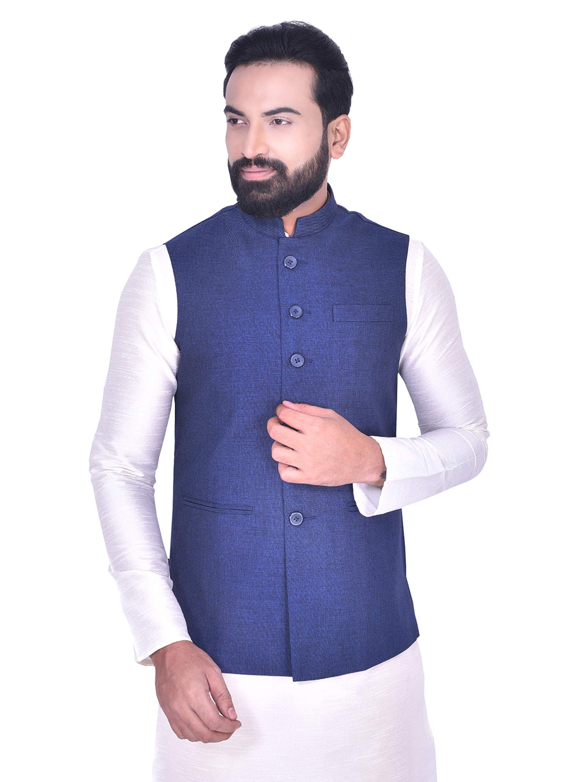 Manyavar MenS Banded Collar Cotton Jacket (8903035286284_Wc00037-339_42_Dark Blue) (Wc00037-339-Xl)