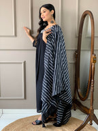 Naixa Womens Silk Chifon Embroidered Flared Kurta with Pant and Dupatta Set