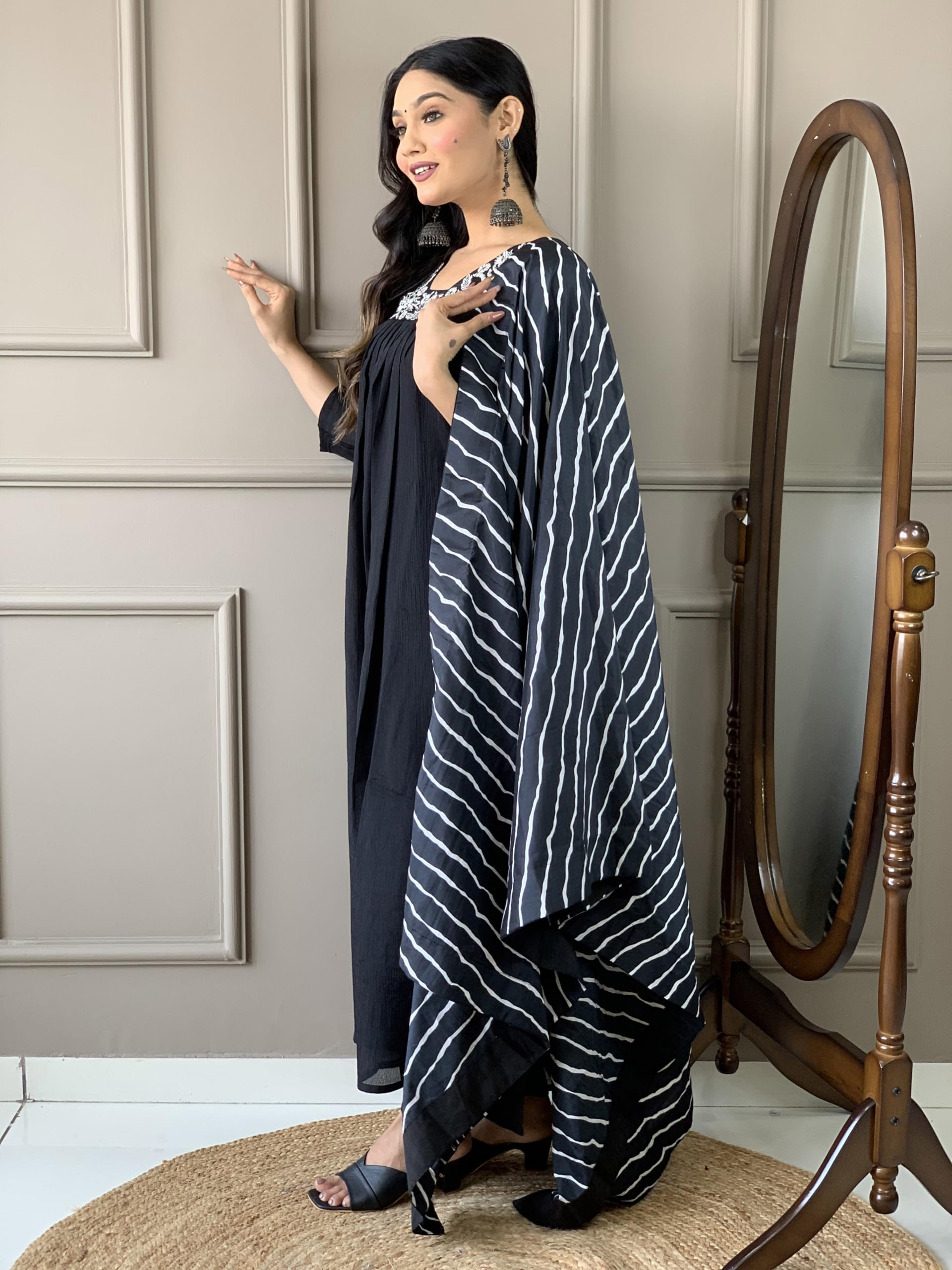 Naixa Womens Silk Chifon Embroidered Flared Kurta with Pant and Dupatta Set