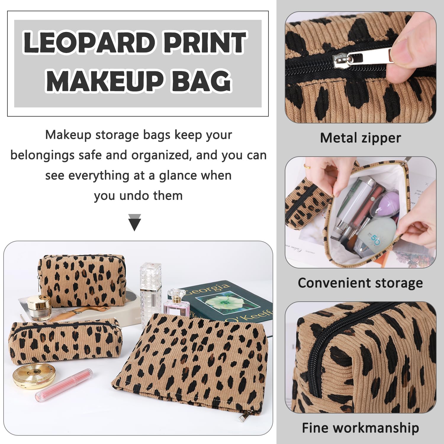 Gocvo 3 Pcs Makeup Bag Cosmetic Bag Set for Girls Women Travel Organizer Bathroom Toiletry Pouch Large Capacity Storage Bag (Leo