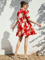 Shasmi WomenS Red Flower Print Short Sleeve Button Front All-Over Printed Dresses, Ruffle Hem Smock Dress For Woman (161 Dress