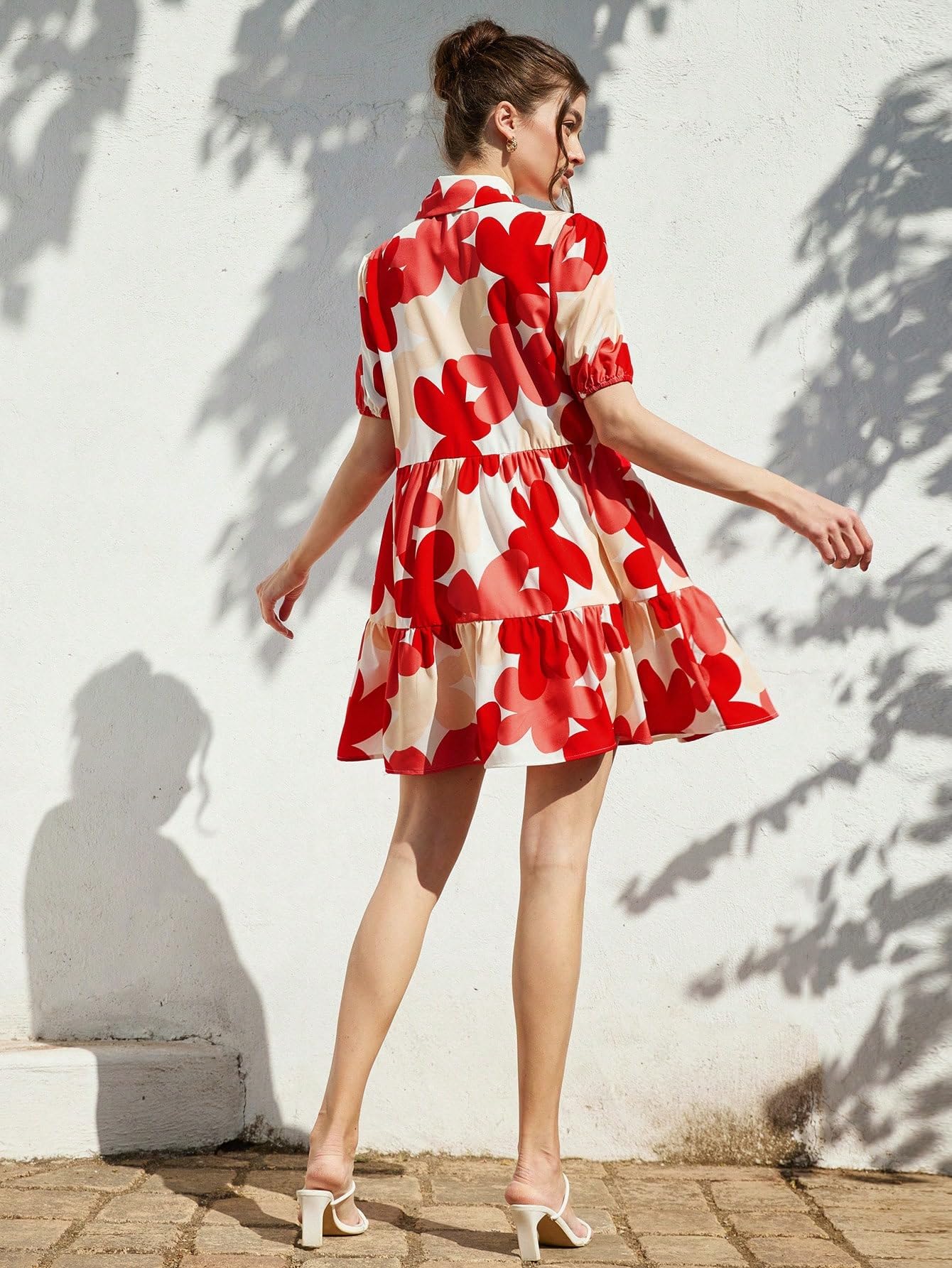 Shasmi WomenS Red Flower Print Short Sleeve Button Front All-Over Printed Dresses, Ruffle Hem Smock Dress For Woman (161 Dress