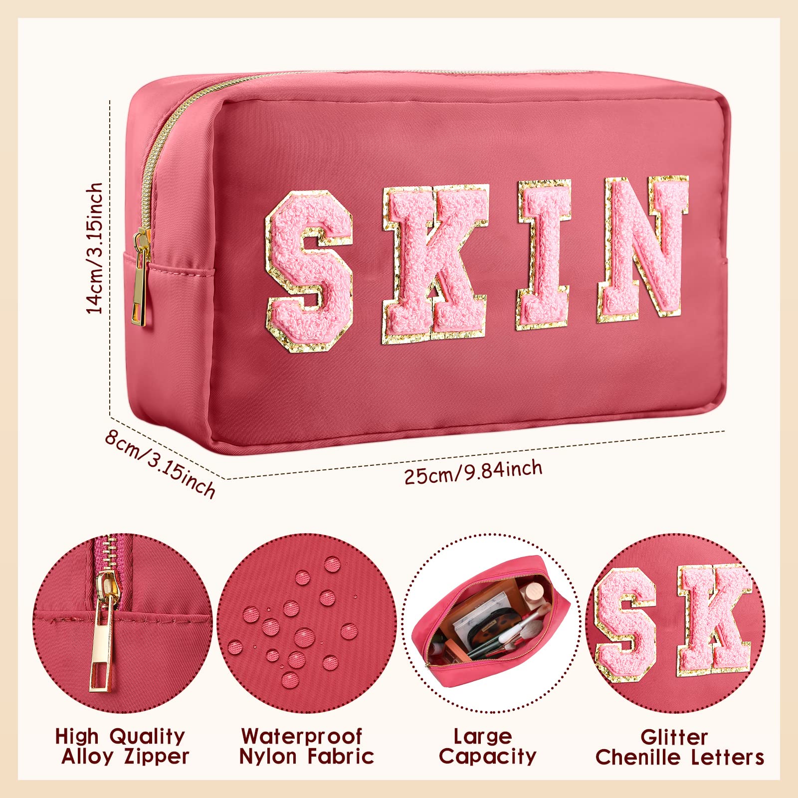 Remerry 4 Pcs Makeup Bag Travel Cosmetic Bag Organization Chenille Letter Toiletries Stuff Pouch Preppy Waterproof Bag Gift for