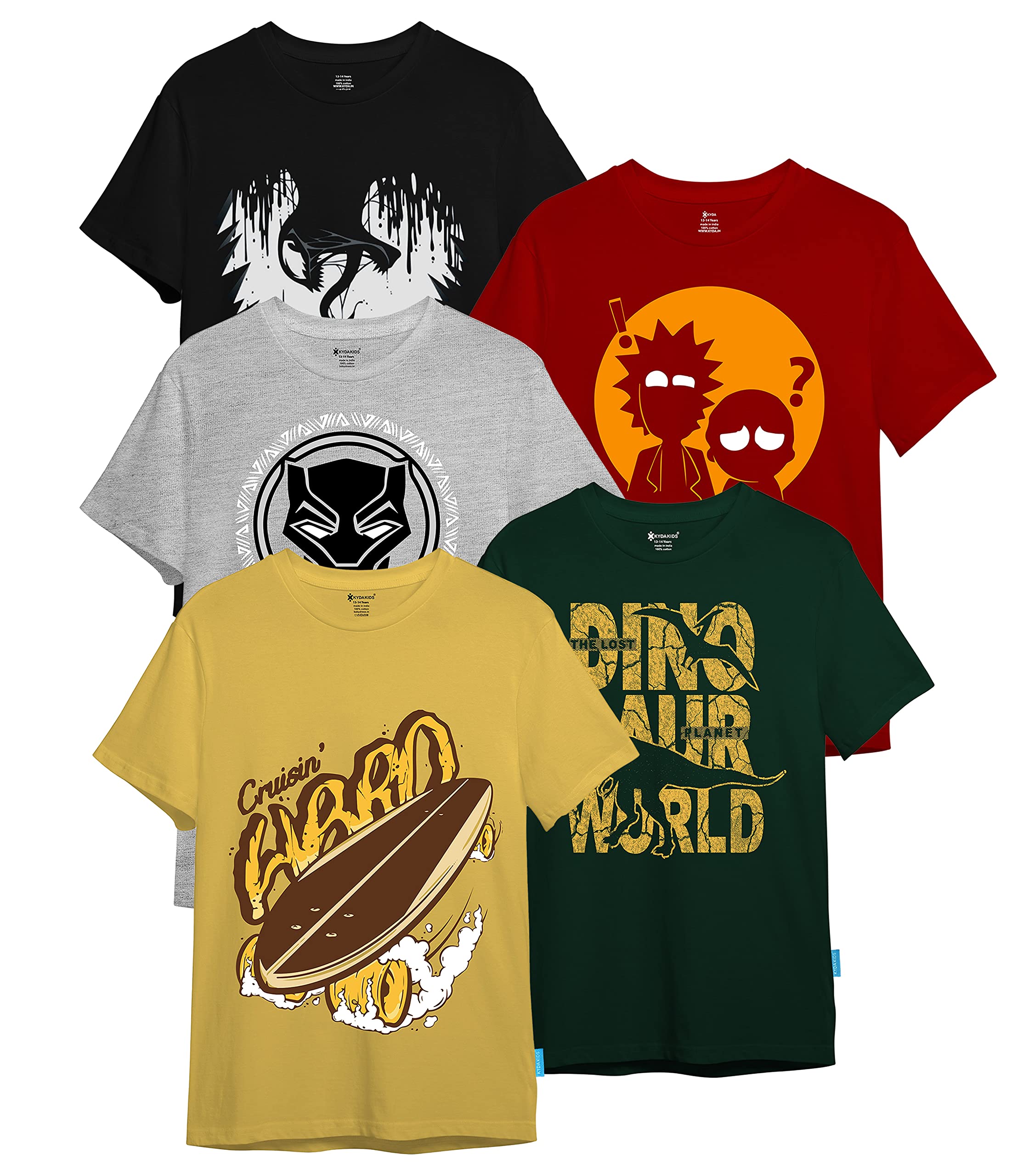 Kyda Kids Boys Cotton Printed Round Neck T-Shirts - Multicolor (Pack Of 5)