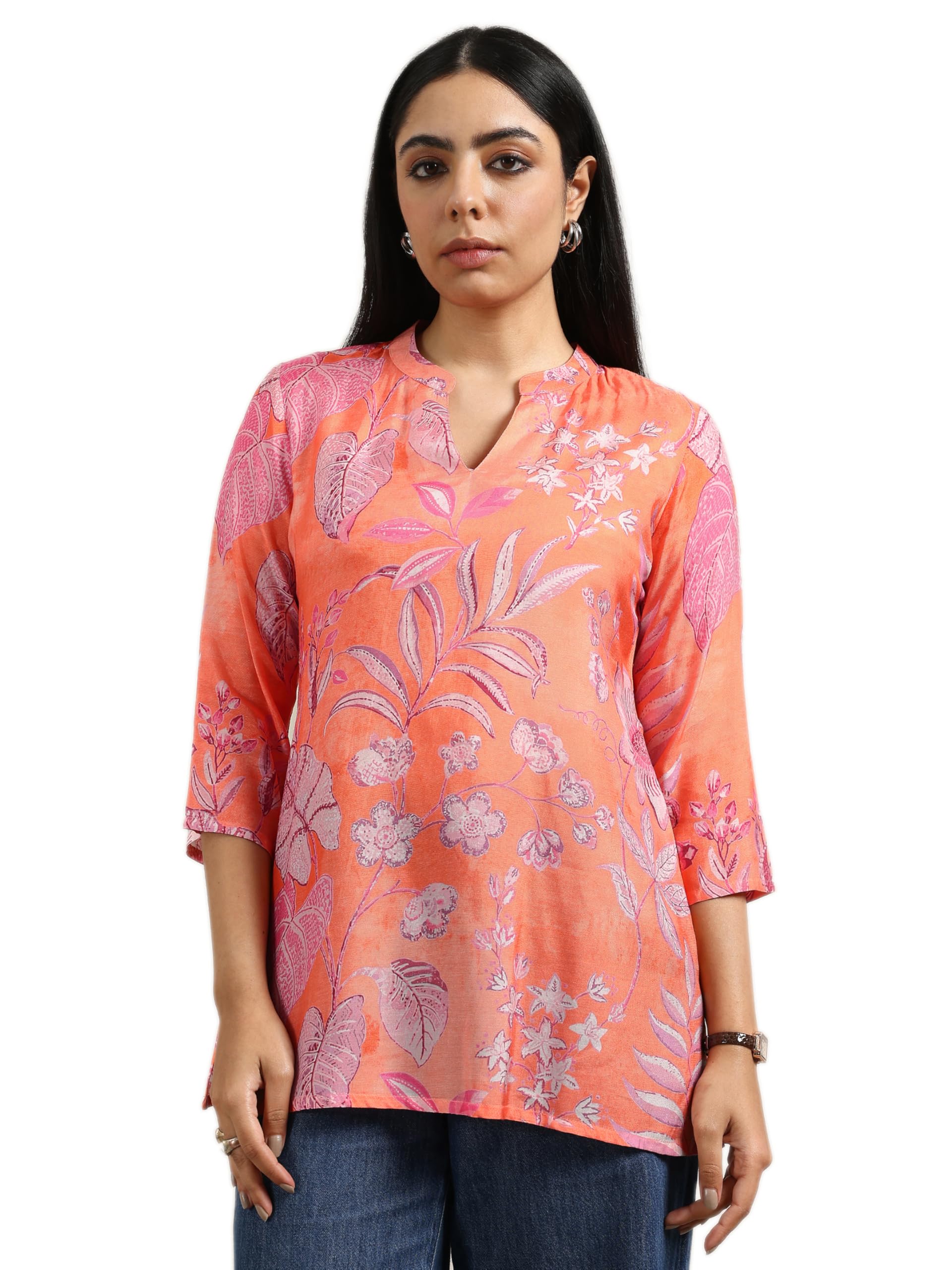 Libas WomenS Silk Blend Printed Regular Tunic Shirt (98191 Orange