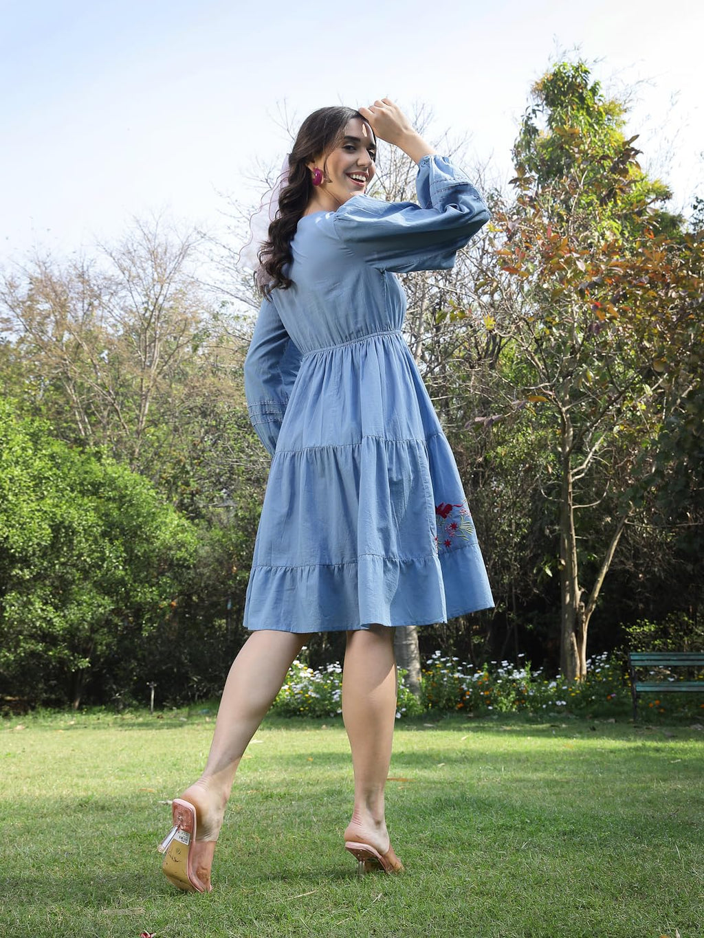 Stylum Womens Solid & Embroidered Cotton Tiered Dress