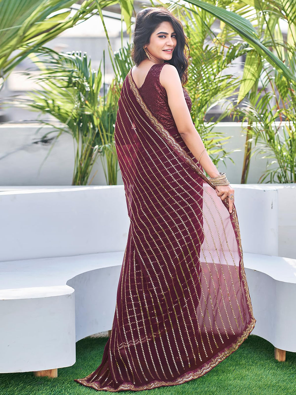 Satrani Womens Georgette Sequence Work Saree with Unstitched Blouse Piece