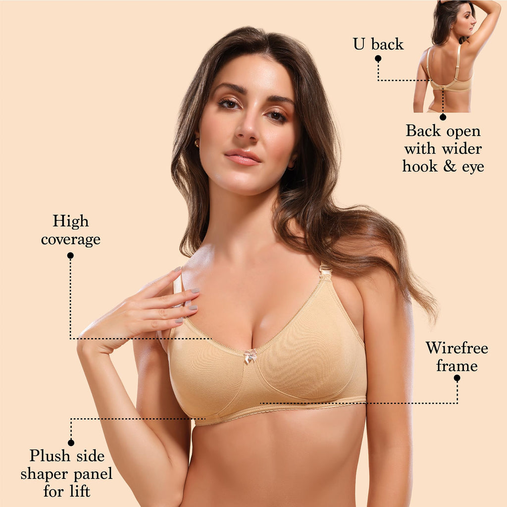 Enamor A055 Stretch Cotton Comfort Shaper with Detachable Straps T-Shirt Bra - Non-Padded Wirefree High Coverage - Skin
