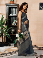 Satrani Womens Linen One Minute Pre Stitched Zari Stripe Border Printed Ready To Wear Saree With Attached pocket & Unstitched B