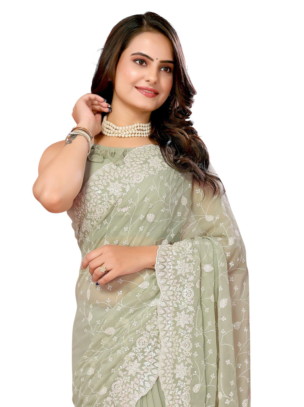Vairagee Women Soft Georgette Emroidery Saree With Sequence Work Unstitched Blouse (6246)