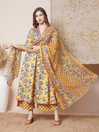 ANNI DESIGNER Women s Rayon Blend Kurta with Pants and Dupatta, Yellow, L