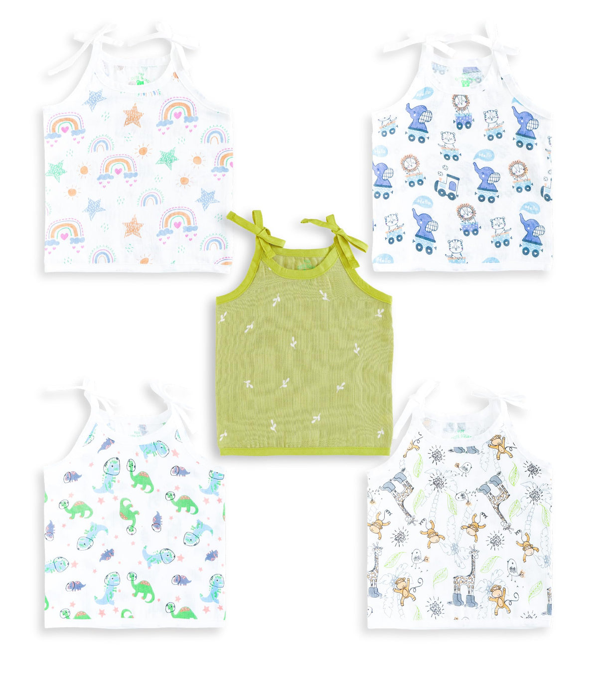 YUV New Born Baby Boys & Girls 100% Muslin Cotton Tie Up Jabla TShirts, Set of 5, Multicolour Print (in, Age, 0 Months, 3 Month 0-3